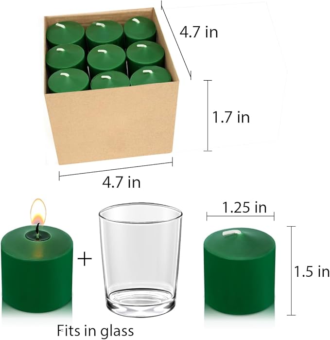 9 Packs Green Votive Candles, Unscented Small Votives for Wedding, St. Patrick's Day Holiday Party, Home Decoration (8 Hour), 1.5" D x 1.25" H