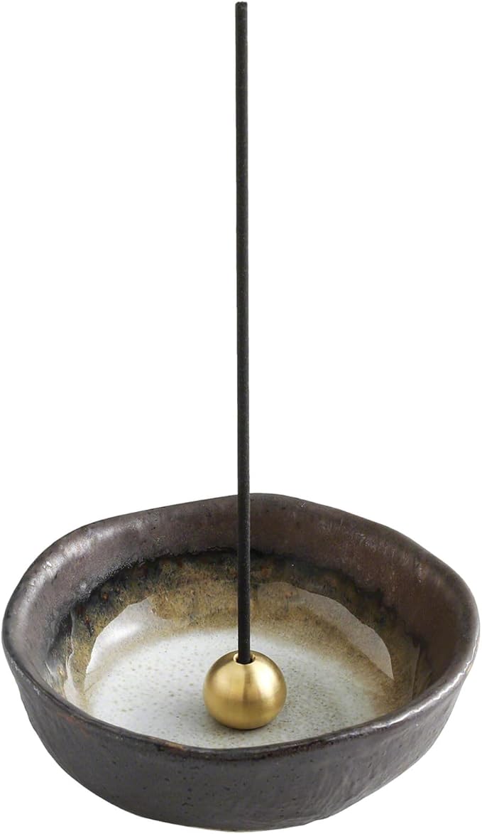 Asayu Japan Small Mini Incense Holder for Sticks 3.3 inch (83mm), Made in Japan Ceramic Ash Catcher & Brass Incense Burner Set for Relaxation, Yoga- Small Zen Incense Holder