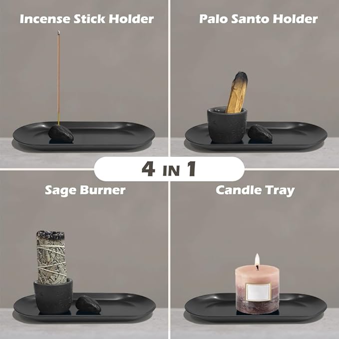 Incense Holder for Sticks, Handmade Sage and Palo Santo Holder, Sage Smudge Burner, Palo Santo Sticks Holder, Ash Catcher Tray, Yoga Meditation (Black)