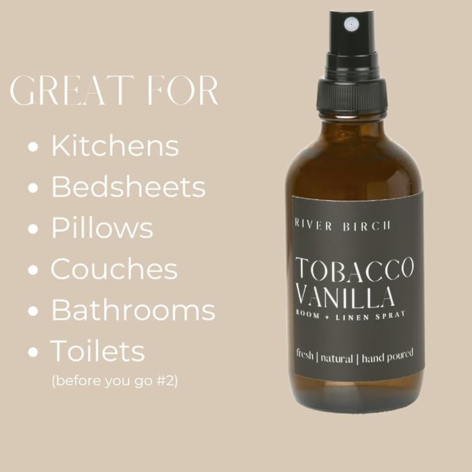 River Birch Luxury Linen and Room Spray - Tobacco Vanilla Home Signature Scent - Room Fragrance Spray - Fragrant Fresh Linen Air Freshener For Bedding - Handmade in Texas - 4 oz Glass Amber Bottle