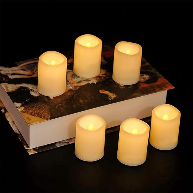 Eldnacele Flameless Flickering Votive Battery Operated Tealight Candles with Remote Control, Warm White Light Realistic Outdoor LED Candles Bulk Set of 6 for Parties Decoration(Batteries Included)