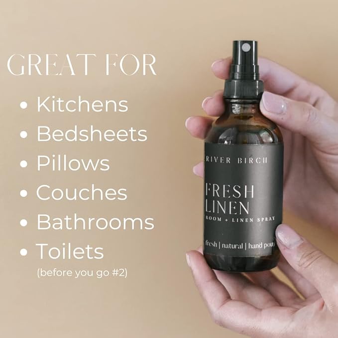 River Birch Fresh Linen Scented Linen and Room Spray | Home Fragrance | 4 oz Glass Amber Bottle | Luxury Signature Scent | Handmade in Texas