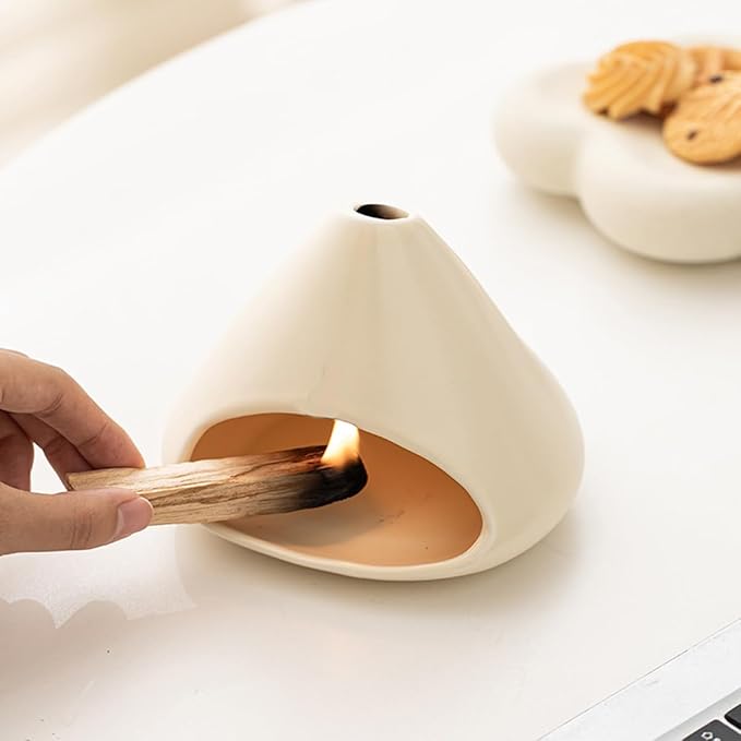 Ceramic Palo Santo Burner, Mini Chimney Incense Holder with Ash Catcher, Aromatherapy Meditation Home Decor for Anxiety Relief, White