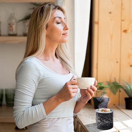 Handcrafted Black Iron Incense Burner - Height 2.36 inch with Exchangeable Stainless Steel Incense Sieve for Safe Burning with Tealight - Aromatic Censer and Essential Oils Holder