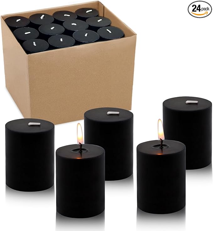 2.0 inch Black Votive Candles, 24 Packs Unscented Small Dripless Wax Candles for Halloween Wedding, Party, Holiday & Home Decor, 12 Hour Burning