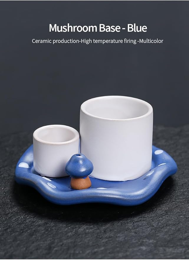 Mushroom Ceramic Incense Holder Set,4-in-1 Design for Sage, Palo Santo, Incense Sticks Candles,Blue Ceramic Ash Catcher Tray for Mess-Free Meditation, Yoga and Home Decor