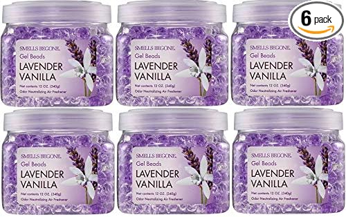 SMELLS BEGONE Odor Eliminator Gel Beads - 12 oz, Pack of 6 - Eliminates Odor in Bathrooms, Cars, Boats, RVs & Pet Areas - Air Freshener - Made with Essential Oils - Lavender Vanilla Scent