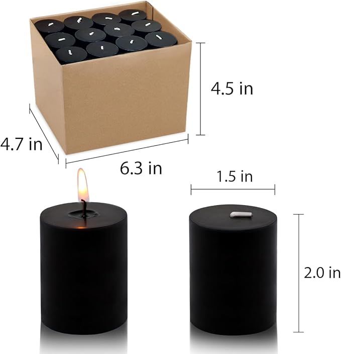 2.0 inch Black Votive Candles, 24 Packs Unscented Small Dripless Wax Candles for Halloween Wedding, Party, Holiday & Home Decor, 12 Hour Burning