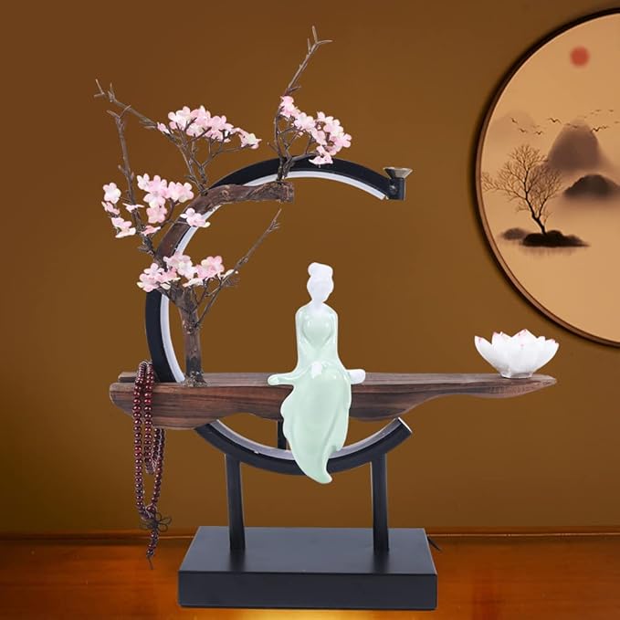 Backflow Incense Holder with LED Light, Chinese Style Ceramic Backflow Incense Burner Perfect for Relaxing or Home Decor (Chinese Style A)