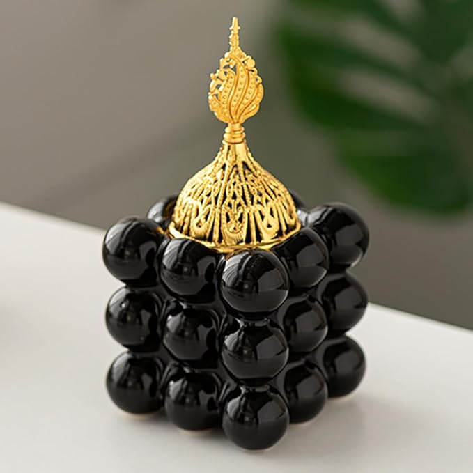 Ceramic Cube Golden Incense Burner Handheld Eid Incense Burner Middle East Arabian Festival Incense Holder Home Decoration Ornament Aromatherapy Furnace (Black)