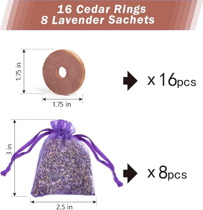 Pack of 16 Cedar Blocks and 8 Lavender Flower Sachets Craft Bag, Drawer Freshener, Linen, Shower Favor, Wedding and More, LV-E-LC-1