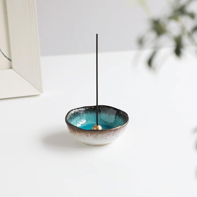 Asayu Japanese Small Mini Incense Holder for Sticks 3.3 inch (83mm), Made in Japan Ceramic Ash Catcher and Brass Incense Burner Set for Yoga, Meditation (Small Mini Nature Ocean Blue Holder)