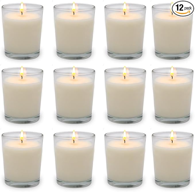 Set of 12 White Votive Candles for Home Décor Weddings Holidays Party and DIY, Unscented Soy Wax Candle Filled in Clear Glass