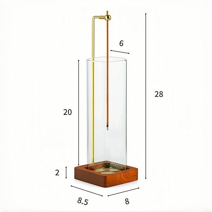 Incense Holder for Sticks with Ash Catcher - Wind Proof Hanging Design, 6x20cm Glass Tube & Spill-Proof Wood Base for 0-2.5mm Sticks, Meditation Yoga Decor (8.5x8.5cm Base)