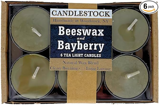 Candlestock Real Bayberry Tealight Candle 6 Pack – Pure Bayberry and Pure 100% USA Beeswax Blend – Dripless Tealight Candle Set