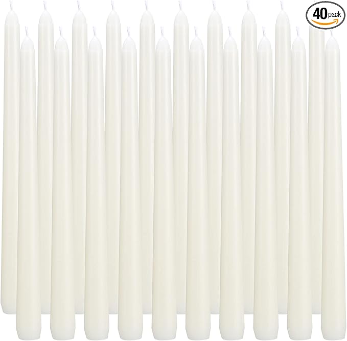flamecan Ivory Taper Candles, Set of 40 Unscented and Smokeless 10 Inch Taper Candles Long Burning, Paraffin Wax with Cotton Wicks for Burning Approxinately 7-8 Hours Time