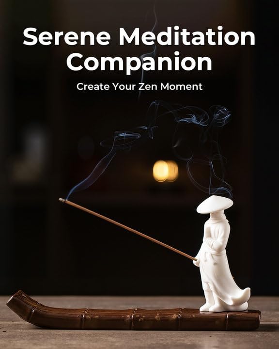 Ceramic Incense Stick Holder with Ash Catcher - Kung Fu Samurai on Bamboo Raft, Chinese & Japanese Home Decor for Meditation, Spa, Yoga