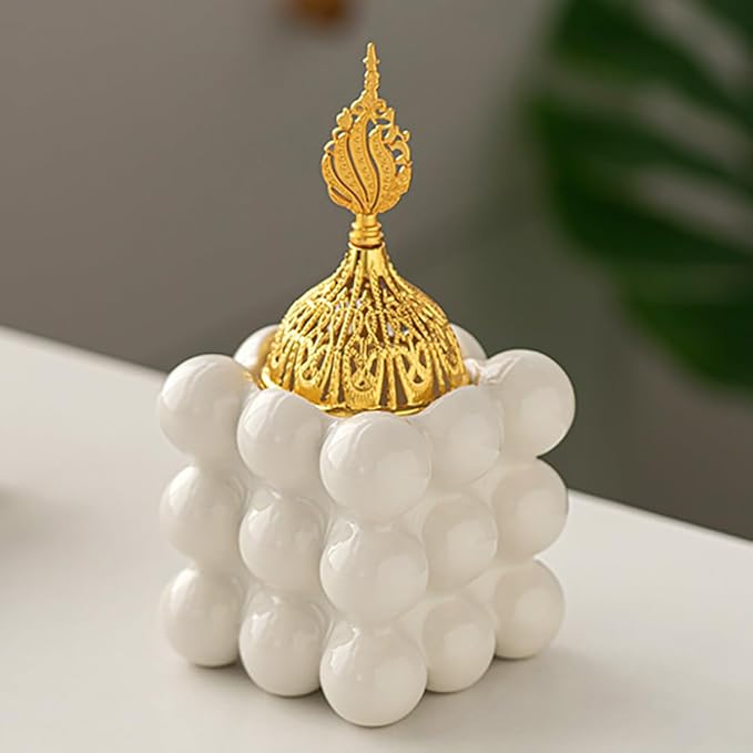 Ceramic Cube Golden Incense Burner Handheld Eid Incense Burner Middle East Arabian Festival Incense Holder Home Decoration Ornament Aromatherapy Furnace (White)