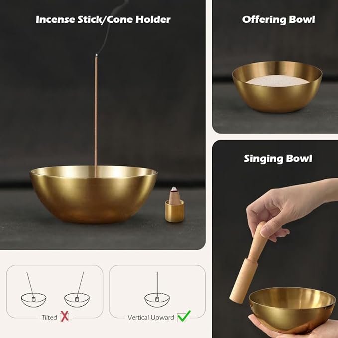 5 Inch Brass Incense Bowl, Large Copper Incense Holder for Sticks/Cones, Offering Bowl, Singing Bowl, Ash Catcher for Altar, Meditation, Yoga (Gold&Yellow)