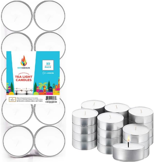Unscented Tea Lights Candles White, Smokeless, Dripless & Long Lasting Paraffin Small Votive Mini Tealight Candle for Home, Pool, Shabbat, Weddings & Emergencies (10-Pack)