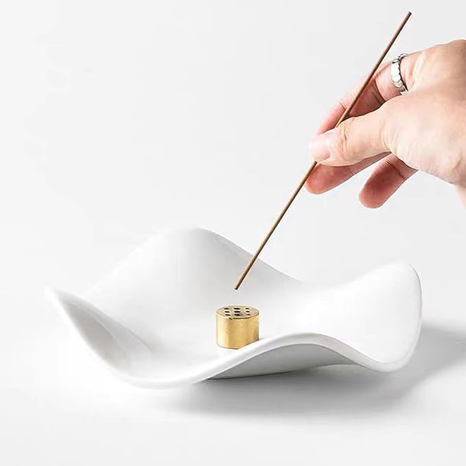 6.7 "Ceramic Incense Burner for Incense/Coil,Wavy Base with Brass -Incense Holder for Sticks,with Ash Catching Bowl for Meditation Yoga and Home Decoration (White)