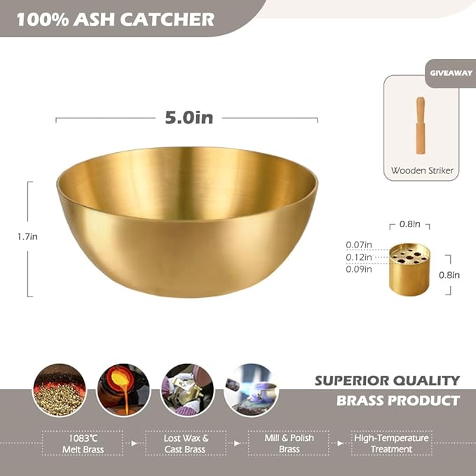 5 Inch Brass Incense Bowl, Large Copper Incense Holder for Sticks/Cones, Offering Bowl, Singing Bowl, Ash Catcher for Altar, Meditation, Yoga (Gold&Yellow)