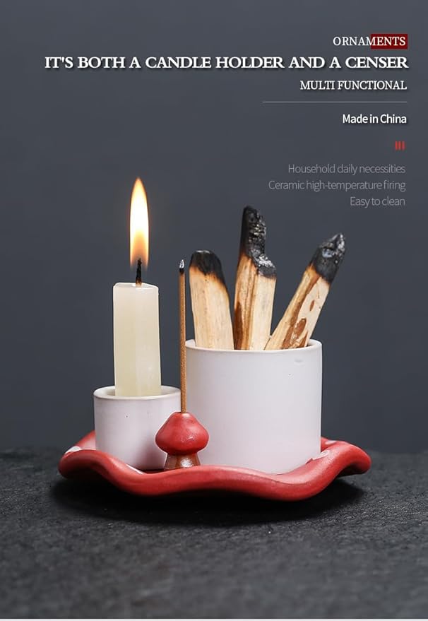 Mushroom Ceramic Incense Holder Set,4-in-1 Design for Sage, Palo Santo, Incense Sticks Candles,Red Ceramic Ash Catcher Tray for Mess-Free Meditation, Yoga and Home Decor