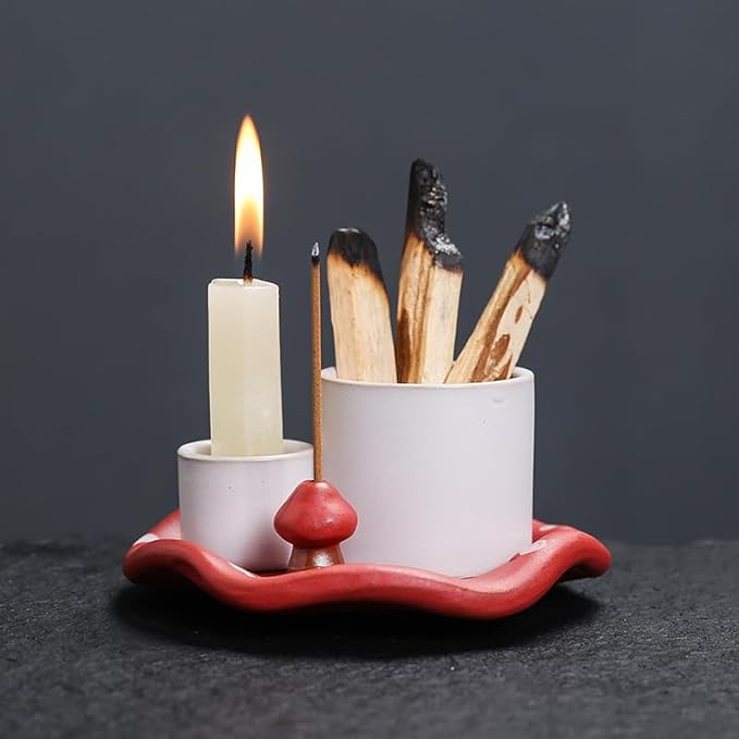 Mushroom Ceramic Incense Holder Set,4-in-1 Design for Sage, Palo Santo, Incense Sticks Candles,Red Ceramic Ash Catcher Tray for Mess-Free Meditation, Yoga and Home Decor