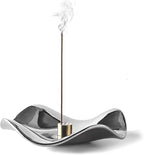 6.7 "Ceramic Incense Burner for Incense/Coil,Wavy Base with Brass -Incense Holder for Sticks,with Ash Catching Bowl for Meditation Yoga and Home Decoration (Silver)