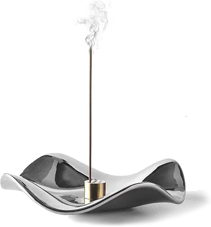 6.7 "Ceramic Incense Burner for Incense/Coil,Wavy Base with Brass -Incense Holder for Sticks,with Ash Catching Bowl for Meditation Yoga and Home Decoration (Silver)