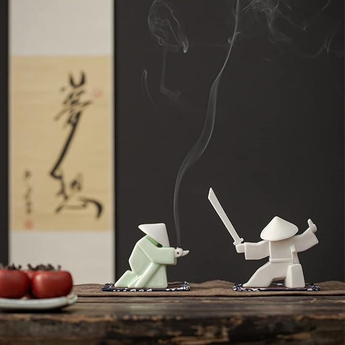 LYART Samurai Statue Decor Japanese Warrior Decor Children's Room Statues, Kongfu Tea Pet Decoration, Incense Holder for Stick Burner(White2 and Green2)