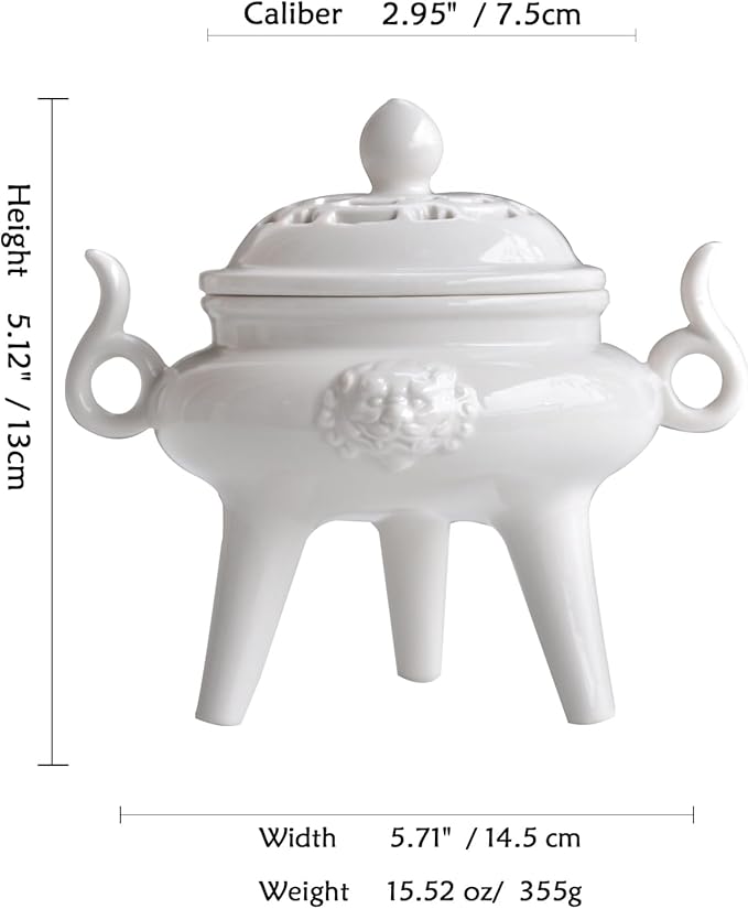 Ceramic Incense Cone Burner with Lid,Stylish Incense Holder for Coil Incense and Powder Incense,Mediation Gift,Room Decor(White)