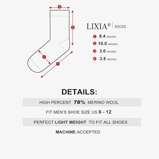 LIXIA Men's Thin Merino Wool Socks, Cozy Winter Warm Breathable Mid-calf Casual Dress Liners 3/6 Pairs Pack
