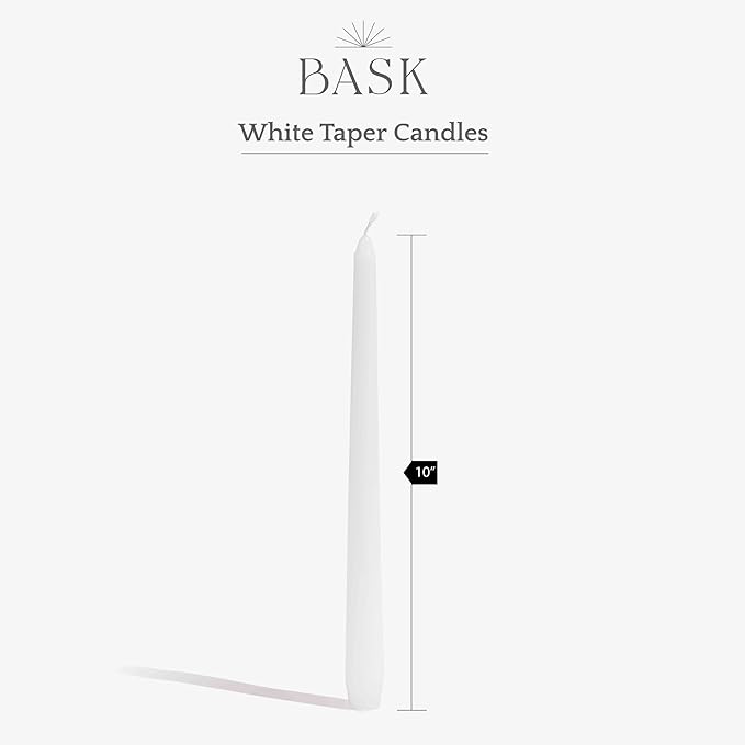 Bask 10-inch Taper Candles - Unscented and Dripless - Burns for 8 Hours - Home Decor for Dinner Table, Kitchen, and Bedroom - Perfect for a Romantic Date or Anniversary - 12-Pack - Ivory