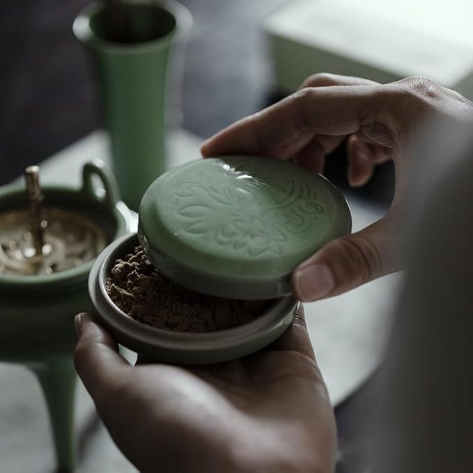 Celadon Incense Powder Burner Set - Making Incense Seal with 12pcs Toolskit, Three-Legged Incense Holder for Powder/Stick/Cone/Coil, Gift for Women, Deluxe Incense Burner Gift