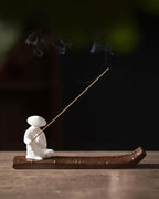 Ceramic Incense Stick Holder with Ash Catcher - Kung Fu Samurai on Bamboo Raft, Chinese & Japanese Home Decor for Meditation, Spa, Yoga