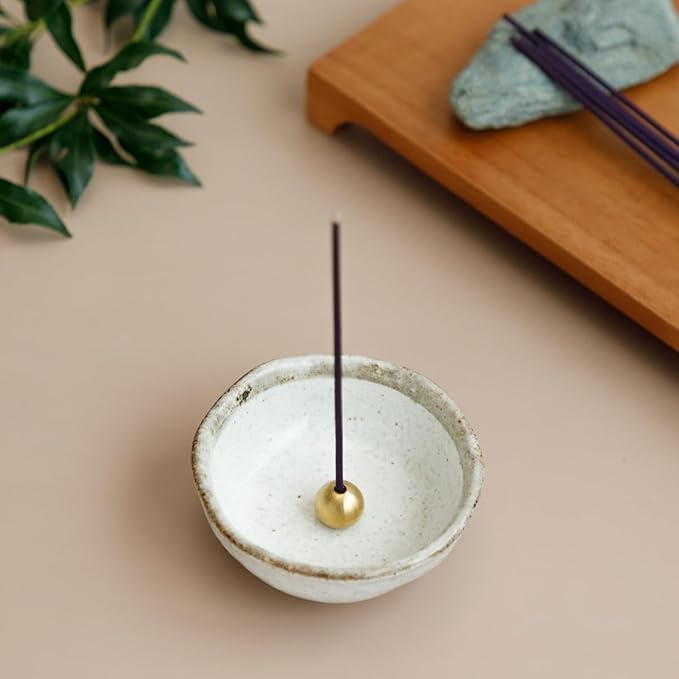 Asayu Japanese Small Mini Incense Holder for Sticks 3.3 inch (83mm), Made in Japan Ceramic Ash Catcher and Brass Incense Burner Set for Yoga, Meditation (Small Pearl Incense Holder)