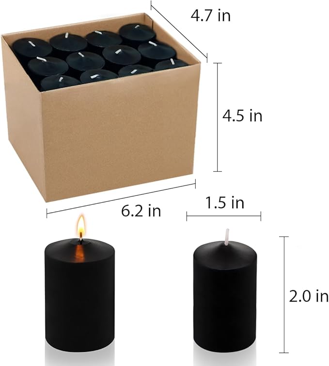 24 Packs Black Votive Candles, Unscented Small 1.5 Inch Diameter 2.0 Inch Tall Wax Candles for Halloween Wedding, Party & Home Dinner Table Decoration - 12 Hour Burn Time