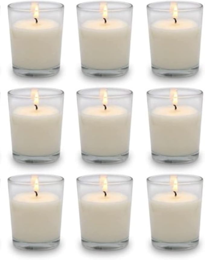 Mister Candle – Set of 9 Unscented Votive Candles in Glass Holders, Hand Poured Soy Wax, 12 Hour Burn Time, White Candles for Weddings, Parties, Spa, Home Décor
