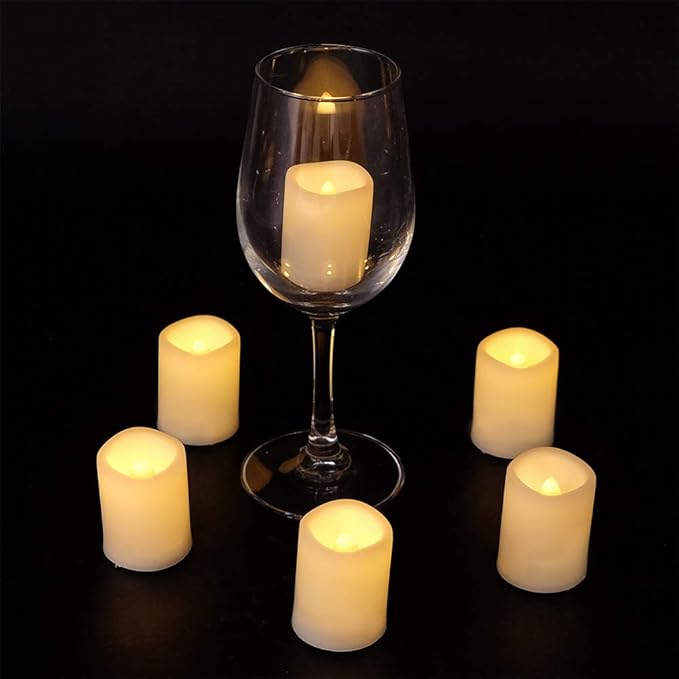 Eldnacele Flameless Flickering Votive Battery Operated Tealight Candles with Remote Control, Warm White Light Realistic Outdoor LED Candles Bulk Set of 6 for Parties Decoration(Batteries Included)