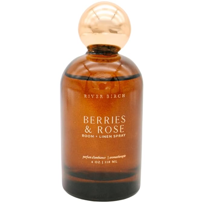 River Birch Luxury Linen and Room Spray - Berries + Rose Home Signature Scent - Room Fragrance Spray - Fragrant Fresh Linen Air Freshener - Handmade in Texas - 4 oz Glass Amber Gold Top