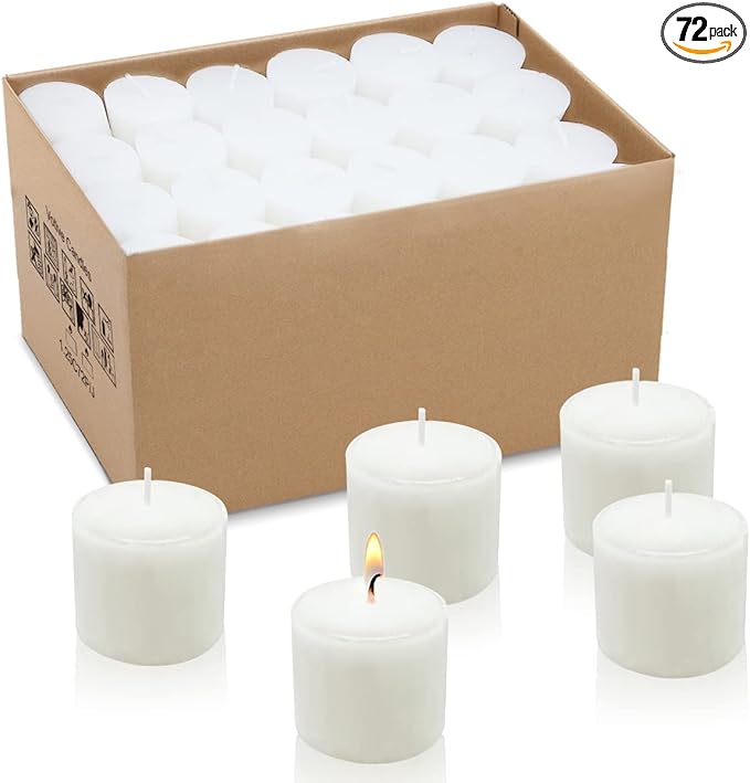 Votive Candles Bulk, 72 Packs Unscented White 1.5 inch Wax Candles for Wedding, Party, Holiday & Home, 8 Hours Burning