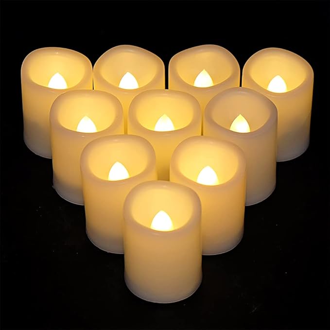 Eldnacele Votive Flameless Candles with Remote and Timer, Battery Operated Warm White Flickering Plastic LED Candles Set of 10 for Dinner Wedding Indoor Holiday Decor (D1.5×H2)