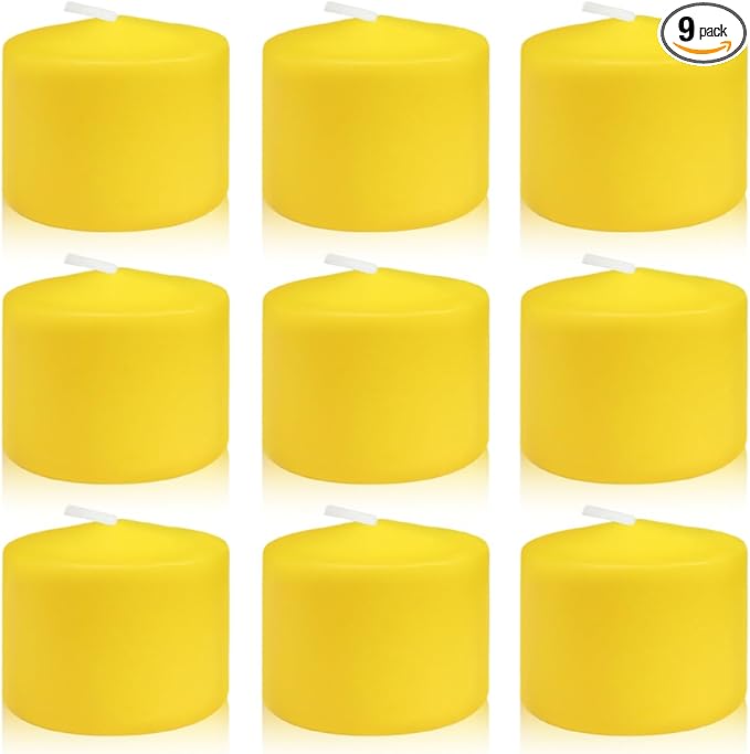9 Packs Unscented Yellow Votive Candles, Small 1.5 Inch Diameter 1.25 Inch Colored Votives for Home Holiday Party Wedding Dinner Table - 8 Hour Burning Time
