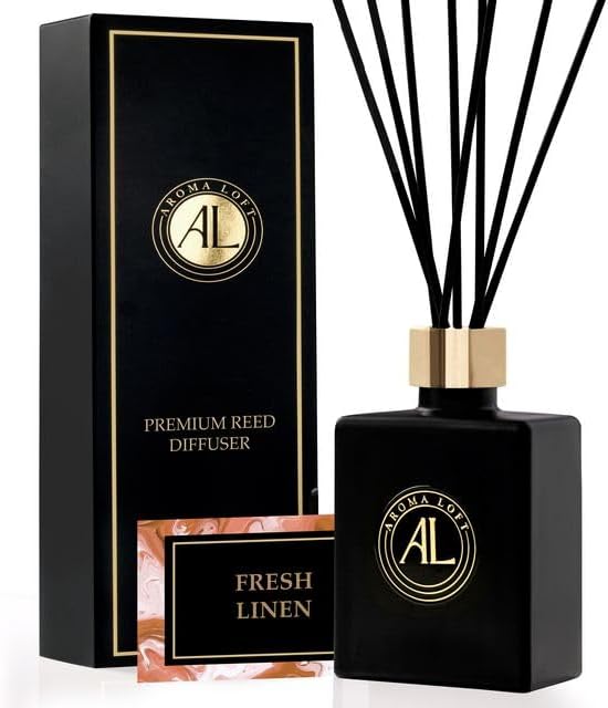 Fresh Linen Reed Diffuser Set - Oil Room Scent Sticks - Non-Toxic Bathroom Diffuser with 5oz Oil - Black Reed Diffusers for Home & Office - Elegant Scented Sticks for Desk
