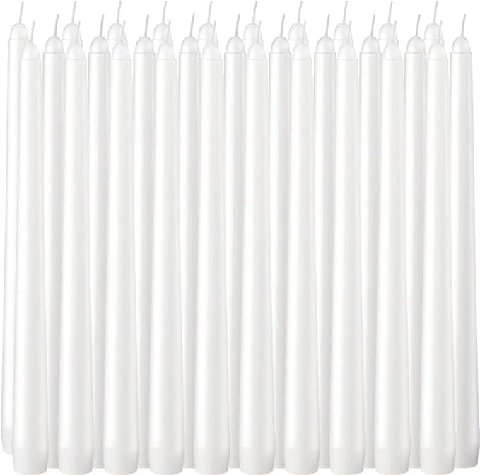 30 Pack of 10 Inch White Unscented Taper Candles-8 Hour Long Burning Dripless Table Candles for Wedding, and Home Decoration