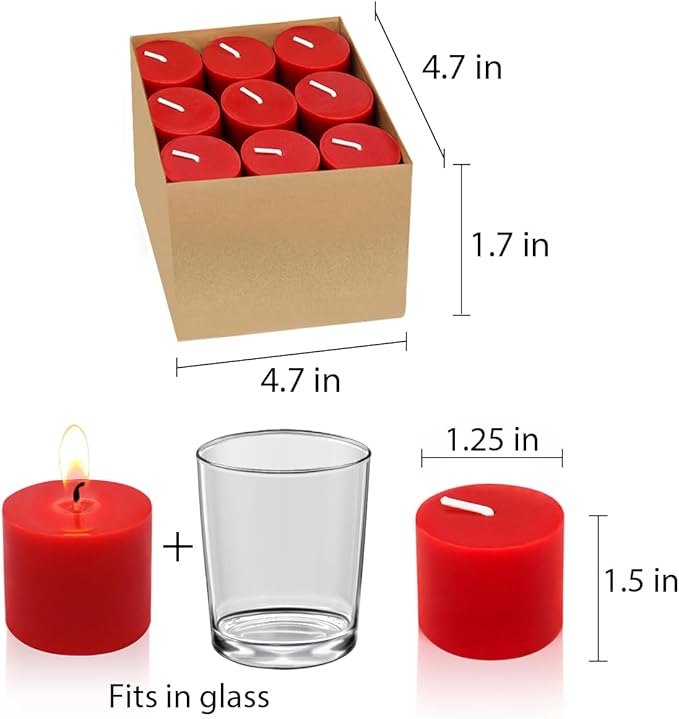 9 Packs Red Votive Candles, Small Unscented 1.5 Inch Diameter Wax Candles for Christmas Valentine's Day Wedding, Party, Table, Holiday & Home Decoration - 8 Hours Burn Time (1.5" W x 1.25" H)