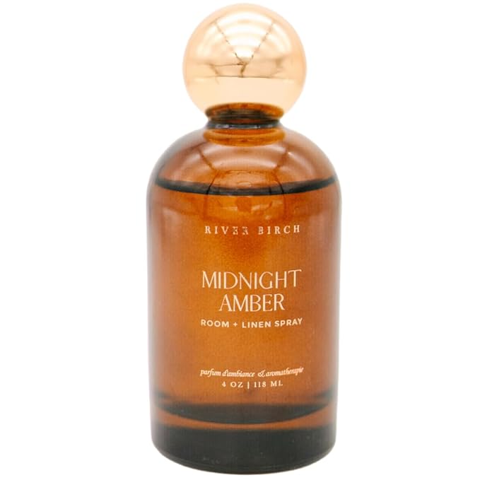 River Birch Luxury Linen and Room Spray - Midnight Amber Home Signature Scent - Room Fragrance Spray - Fragrant Fresh Linen Air Freshener - Handmade in Texas - 4 oz Glass Amber Gold Top