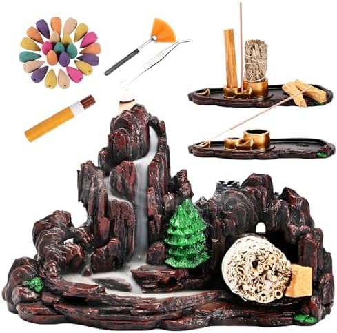 Mountain Waterfall Incense Burner，Backfall Incense Holder River, Incense Falls Meditation Decor for Room with Upgrade Incense Cones and Accessories (5in1 Palo Santo)