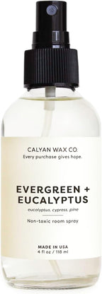Calyan Wax Co. Non Toxic Room Spray, Evergreen + Eucalyptus Air Freshener, Non Aerosol Natural Room Mist, Aromatherapy Spray with Essential Oils, 4fl oz